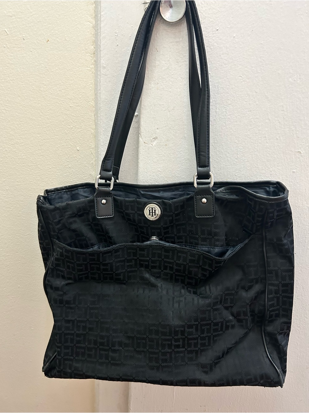 Tommy Hilfiger Black Monogram Jacquard Tote with Silver Emblem